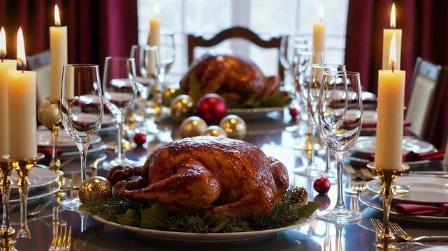 豪華なクリスマスディナー、きらめくキャンドルと七面鳥のクリスマス晩餐