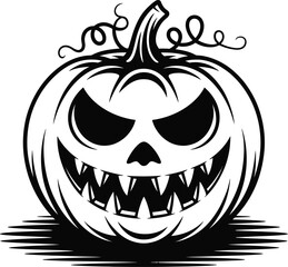 Detailed halloween pumpkin carving with scary face on transparent background silhouette