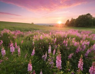 Obraz premium Summer flower meadow wildflower field pink with morning sunlight, Idyllic spring background with blossoming lilac bushes flowers and pink wildflowers on meadow. Natural pink flowers in the mountains
