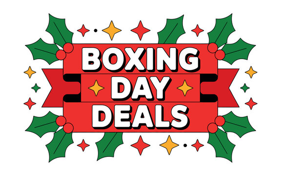Vector art of festive boxing day deals banner with holly leaves and stars for promotion