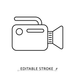A video camera icon in a minimalist line style with editable stroke. Movie production equipment, film recording device, cinema camera, digital media technology, professional broadcast.