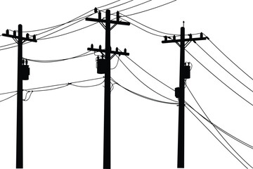 Silhouette utility poles, electrical transformers, power line network, urban energy infrastructure, rural electricity grid, voltage distribution, overhead wires, black outline silhouette
