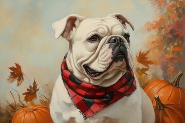 Adorable white English bulldog dog in checkered scarf surrounded by pumpkins and falling leaves. Thanksgiving, Halloween promotions, banners, greeting cards, pet blog design, cozy season