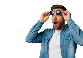Young caucasian man, early 30s, denim shirt, pushing sunglasses, wide eyes, agape mouth, intense shock on vibrant blue studio background with copy space, concept of profound surprise