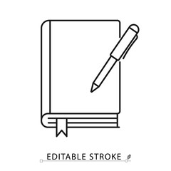 A diary book and pen icon in a minimalist line style with editable stroke. Writing journal, school education, office notebook, business planner, author literature, personal memo.