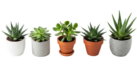 Obraz premium Six distinct small potted green plants in unique pots, diverse textures, green shades, against brilliant white studio background with copy space, modern indoor gardening concept