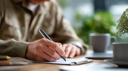 Fototapeta premium Service member writing letter at desk military correspondence personal communication deployment letters staying connected military downtime personal reflection