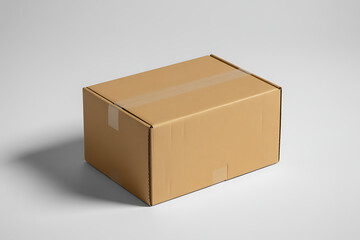 A simple brown cardboard shipping box sits closed and sealed on a clean white background with a subtle shadow