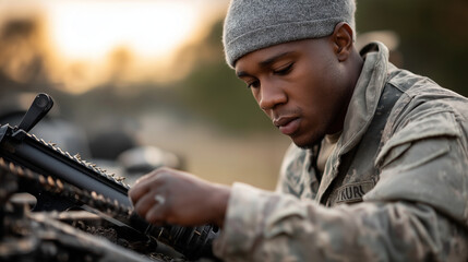Service members conducting weapons maintenance equipment care military responsibility weapon cleaning operational readiness technical precision military equipment duty