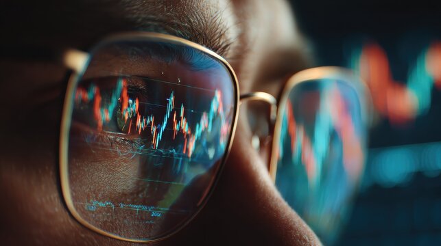 young indian business man trader wearing glasses looking at computer screen with trading charts reflecting in eyeglasses watching stock trading market financial data growth concept close up no logos - Powered by Adobe