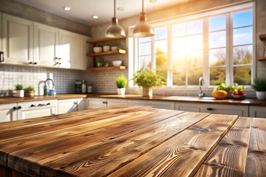 Wooden table in a bright kitchen with sunlight coming through window