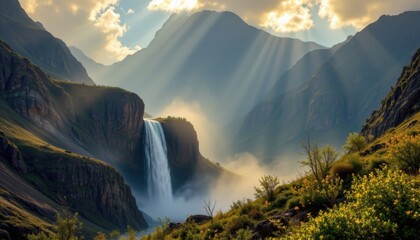 sunbeams illuminating mountain waterfall through mist, backlit spray glowing golden, cinematic hdr realism.