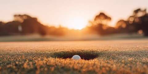 Morning Dew Glistens on a Golf Hole as the Sun Rises Over the Horizon