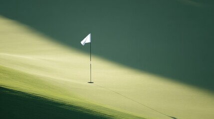 Golf Hole on a Slope With Flag Casting a Long Shadow in the Afternoon Light