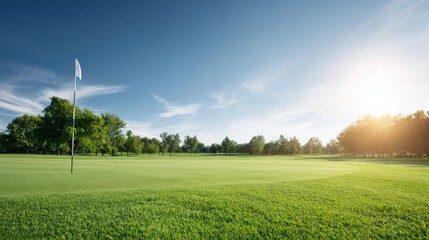 Golf Hole With Flag on a Perfectly Maintained Green Under a Clear Blue Sky