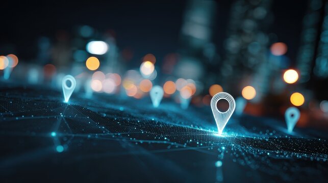 creative glowing digital mesh with map markers on illuminated night city backdrop geo position and location concept double exposure no logos no brands ar 169