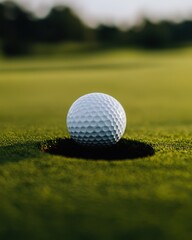 Golf Ball Poised at the Edge of the Hole With Blurred Background on a Sunny Day