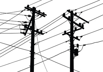 Silhouette utility poles, electrical transformers, power line network, urban energy infrastructure, rural electricity grid, voltage distribution, overhead wires, black outline silhouette