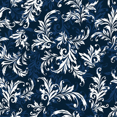 Seamless vector leaf pattern. Repeating print with a layered white and blue flourish design on a navy blue background. Elegant motif textile print.