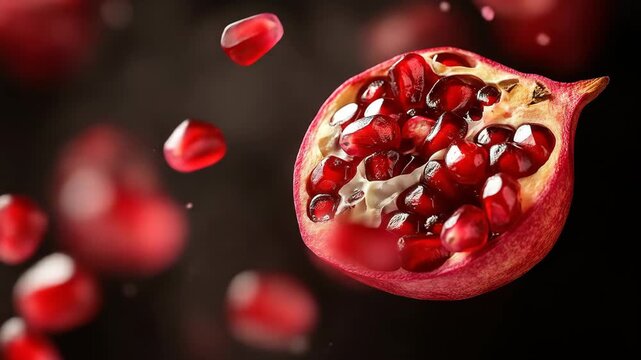 Vibrant red pomegranate arils burst from a halved fruit against a dark background
