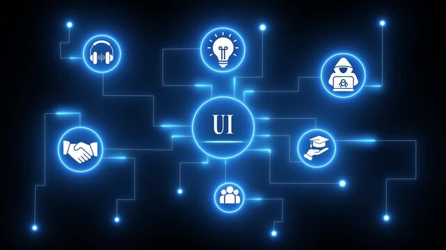 Glowing Neon Network Diagram with UI and Icons on Dark Background Keywords: UI, user interface, network, diagram, technology, connection, communication, digital, abstract, glowing, neon, blue