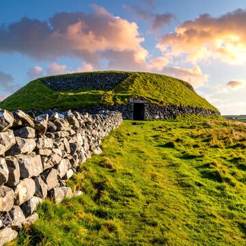 Ancient stone mound, surrounded by a dry-stone wall, at dawn.  Vast grassy landscape.  Pale clouds in the sky