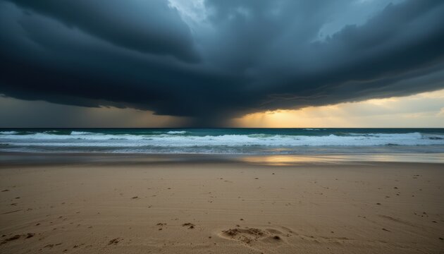cinematic shot of calm beach before storm, dark sky meeting bright sand, tense stillness, dramatic atmosphere. - Powered by Adobe