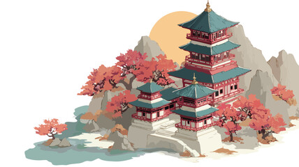 Isometric Asian Temple Mountain Pagoda Scenery Illustration