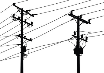 Silhouette utility poles, electrical transformers, power line network, urban energy infrastructure, rural electricity grid, voltage distribution, overhead wires, black outline silhouette