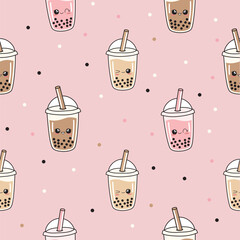 Cute hand drawn bubble milk tea. Seamless pattern. Vector, illustration.