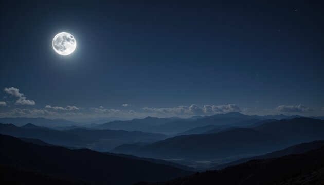 night landscape lit only by full moon, silver light illuminating mountains, clouds glowing faintly, serene realism. - Powered by Adobe