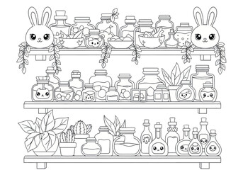 Vector art of shelves with kawaii jars and plants