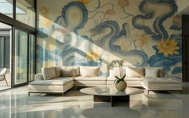 Modern living room interior with a large sectional sofa featuring an artistic dragon and lotus mural bathed in natural sunlight