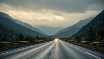 Naklejka premium cinematic shot of rain pouring over mountain highway, water mist rising, headlights reflecting off wet surface.