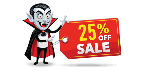 Vampire character promoting a 25 percent off sale tag