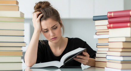 Stressed student overwhelmed by study books feels frustrated while cramming for exams in a modern, minimalist workspace