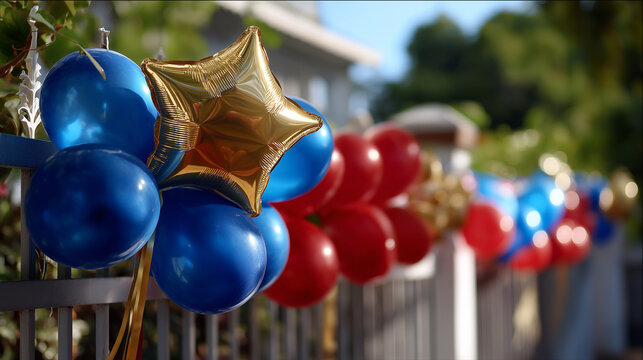 Balloons and banners at military welcome home party decoration celebration homecoming decorations festive welcome party preparations celebration setup patriotic decorations - Powered by Adobe