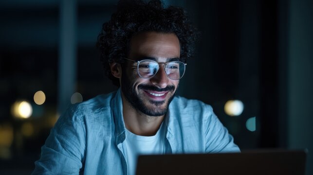 smiling young curly indian latin ethnic business man or student wearing glasses remote working overtime learning online late at night at home or in dark office using laptop computer at workplace no l