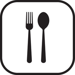 Restaurant menu cutlery icon. Minimal flat black silhouette plate, fork, knife, spoon symbol in rectangle frame, isolated on transparent background. Restaurant and cafe symbol. Vector illustration.