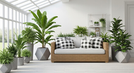 Serene sunlit conservatory oasis with plush sofa, abundant lush greenery, and modern geometric planters creating a tranquil escape