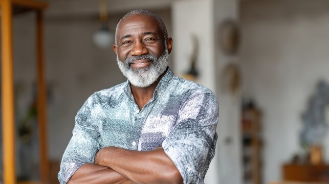 portrait of smiling mature man with beard standing with crossed arms confident african man with folded arms at home looking at camera happy senior in casual feeling good no logos no brands ar 169