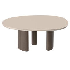Modern oval coffee table with a light beige top and dark wooden legs.
