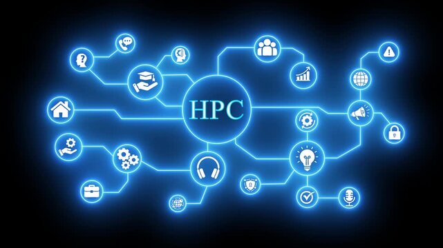Digital Network Connecting Icons with Central HPC Text on Black Background Keywords: HPC, high-performance computing, network, connection, technology, digital, communication, icons, business