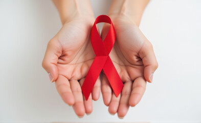 hands holding a world aids day red ribbon