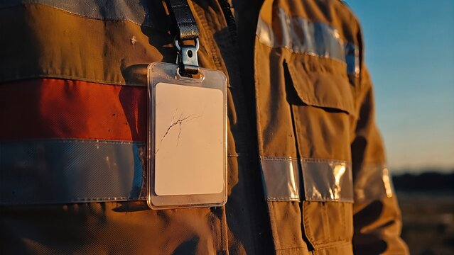 Construction Worker Wearing Reflective Jacket With Damaged ID Badge At Golden Hour