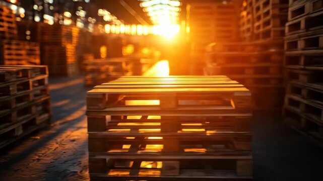 Warm sunlit warehouse with stacks of wooden pallets and glowing reflections on the floor