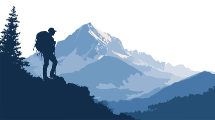 Adventure Seeker: Man Hiking Mountain with Backpack Vector Outline Isolated