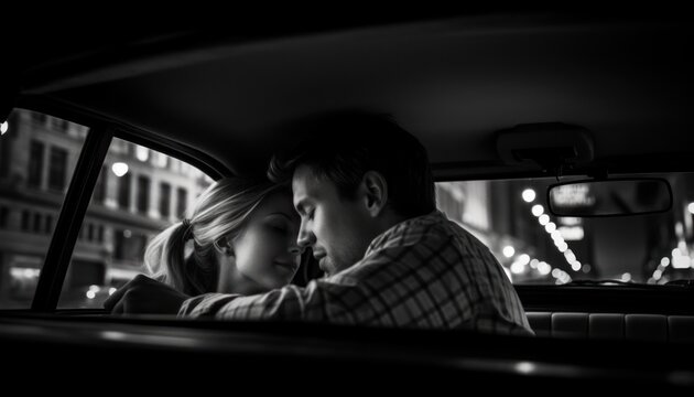 Fototapeta Romantic black and white photo of a couple sharing an intimate moment inside a car at night, illuminated by city lights and cinematic contrast. Ideal for love or lifestyle concepts.