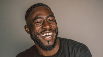 handsome unshaven young darkskinned male laughing out loud at funny meme he found on internet smiling broadly showing his white straight teeth positive human facial expressions and emotions no logos 