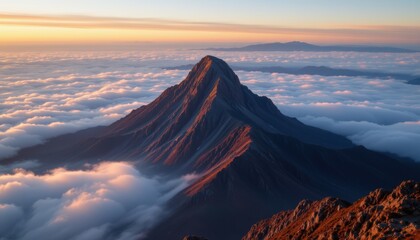 mountain peak above sea of clouds at sunrise, warm rim light around ridges, epic cinematic composition.